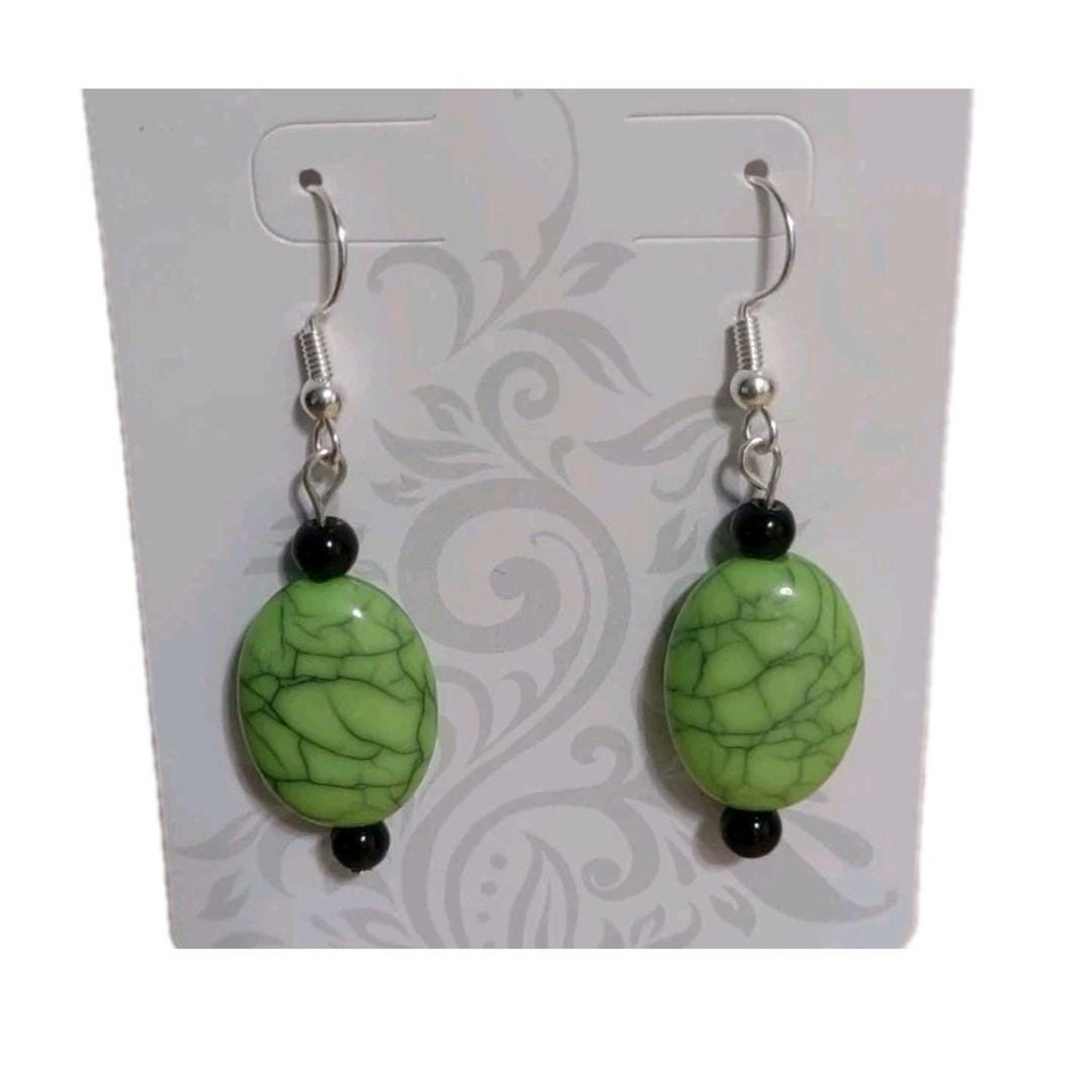 Handmade Vibrant Green Crackle Oval Bead Dangle Earrings with Black Accents